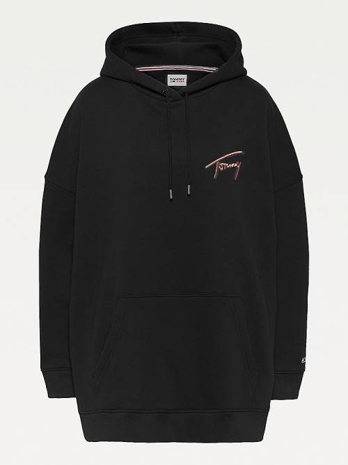 Tommy Hilfiger Curve Signature Logo Oversized Kapüşonlu Sweatshirt Kadın Siyah | TH915VWJ