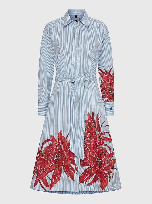 Tommy Hilfiger Curve Stripe Floral Print Midi Shirt Elbise Kadın Mavi | TH876IKN