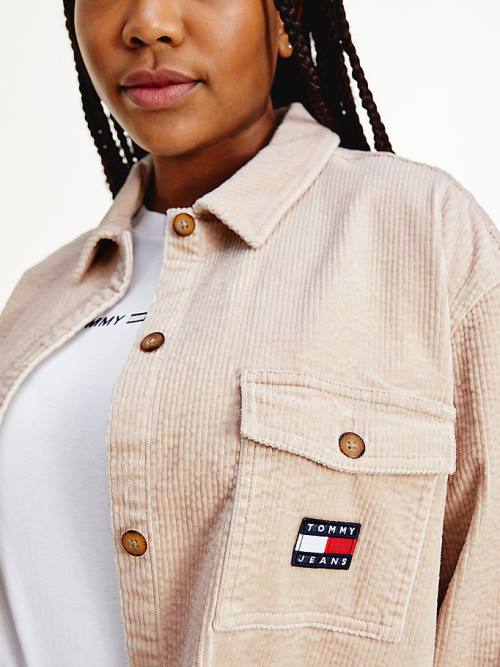 Tommy Hilfiger Curve Tommy Badge Corduroy Overshirt Gömlek Kadın Bej Rengi | TH436EXF