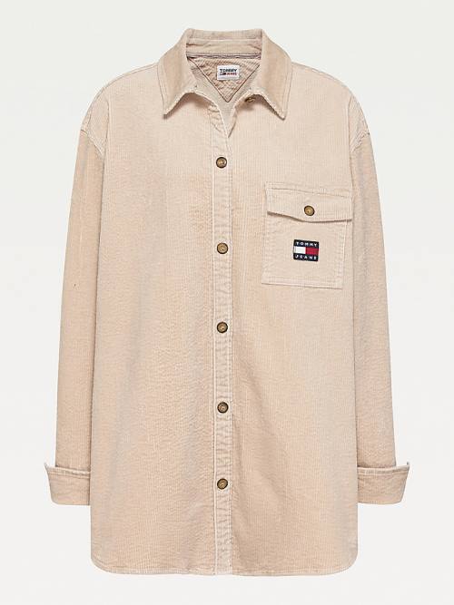 Tommy Hilfiger Curve Tommy Badge Corduroy Overshirt Gömlek Kadın Bej Rengi | TH436EXF