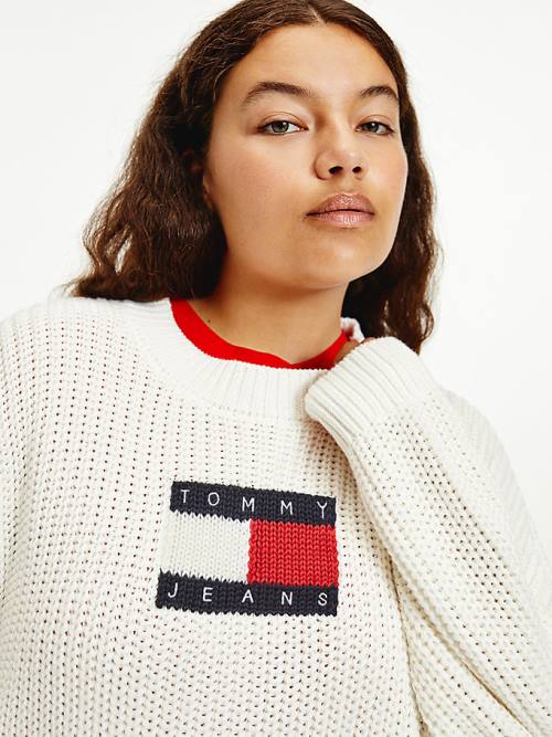 Tommy Hilfiger Curve Tommy Flag Badge Tıknaz Knit Jumper Kazak Kadın Beyaz | TH523OKG