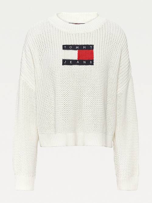 Tommy Hilfiger Curve Tommy Flag Badge Tıknaz Knit Jumper Kazak Kadın Beyaz | TH523OKG