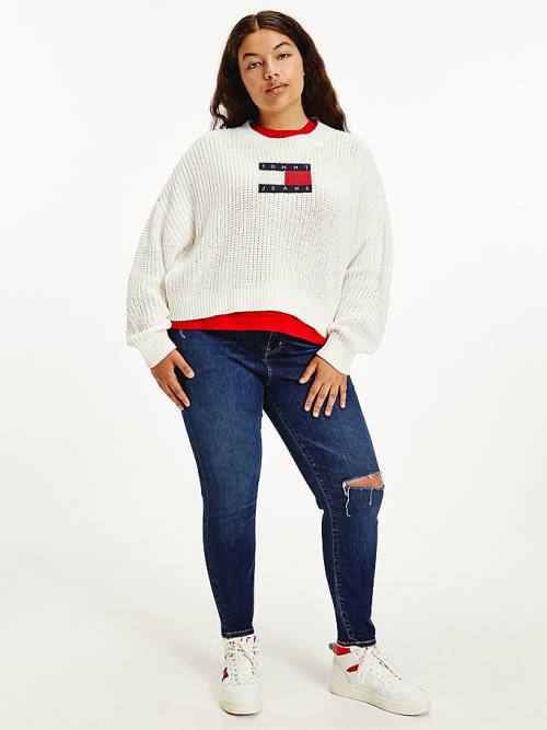 Tommy Hilfiger Curve Tommy Flag Badge Tıknaz Knit Jumper Kazak Kadın Beyaz | TH523OKG