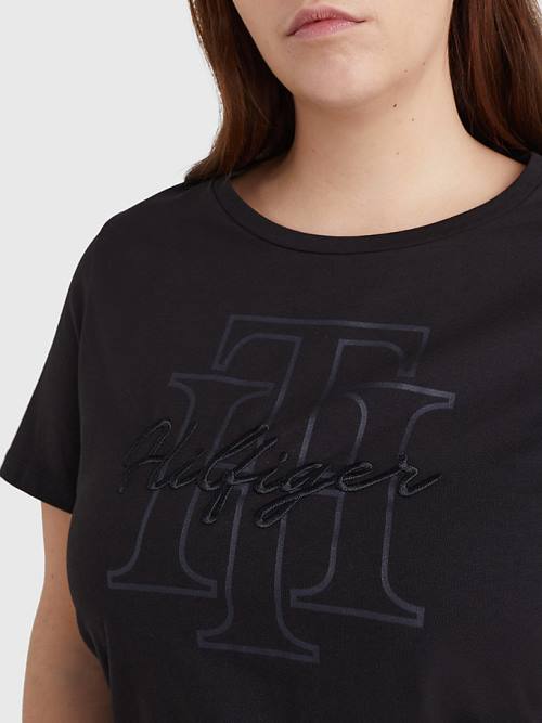 Tommy Hilfiger Curve Tonal Script Logo Organic Pamuklu Tişört Kadın Siyah | TH036CRK