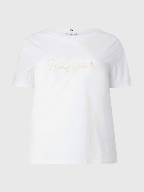 Tommy Hilfiger Curve Tonal Script Logo Organic Pamuklu Tişört Kadın Beyaz | TH328QWD