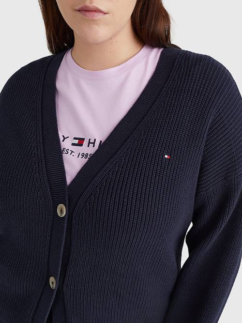 Tommy Hilfiger Curve V-Neck Relaxed Fit Rib Knit Cardigan Kazak Kadın Mavi | TH647GEZ