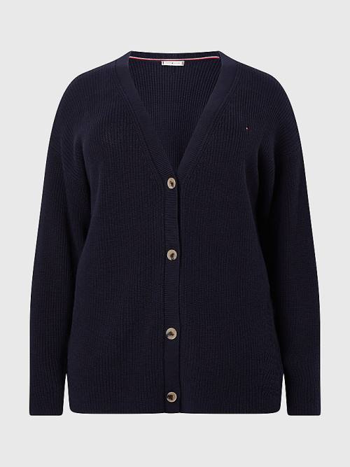 Tommy Hilfiger Curve V-Neck Relaxed Fit Rib Knit Cardigan Kazak Kadın Mavi | TH647GEZ