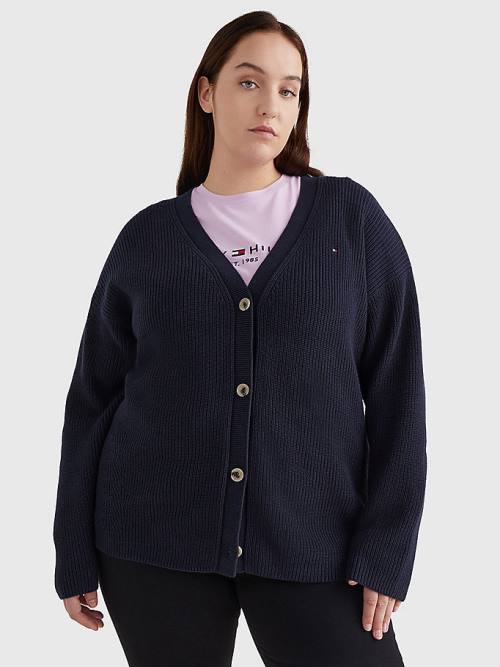 Tommy Hilfiger Curve V-Neck Relaxed Fit Rib Knit Cardigan Kazak Kadın Mavi | TH647GEZ