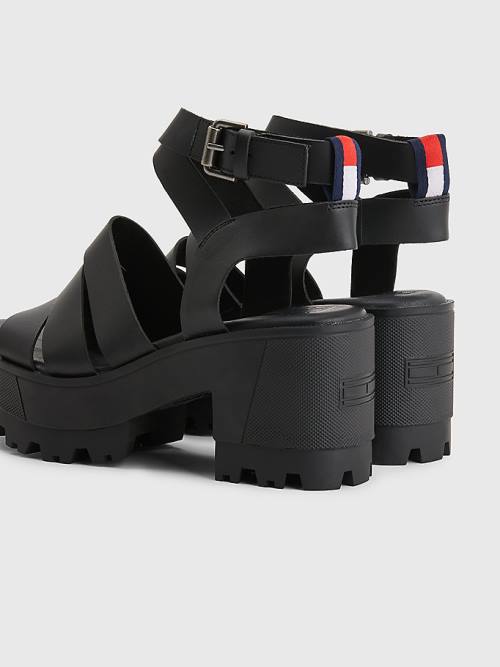 Tommy Hilfiger Deri Block Heel Sandalet Kadın Siyah | TH160WAJ