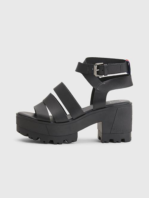 Tommy Hilfiger Deri Block Heel Sandalet Kadın Siyah | TH160WAJ