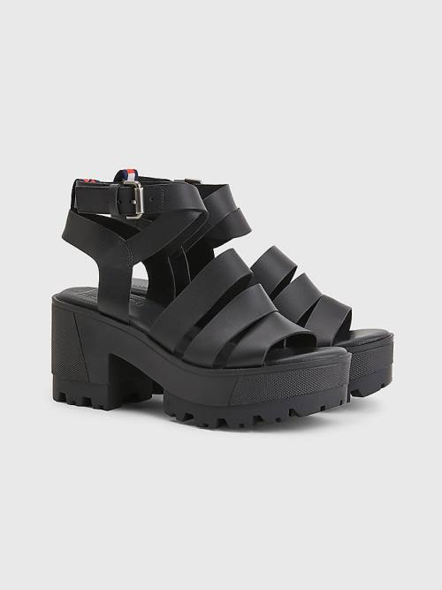 Tommy Hilfiger Deri Block Heel Sandalet Kadın Siyah | TH160WAJ