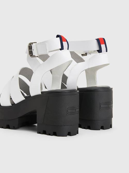 Tommy Hilfiger Deri Block Heel Sandalet Kadın Beyaz | TH281KLA