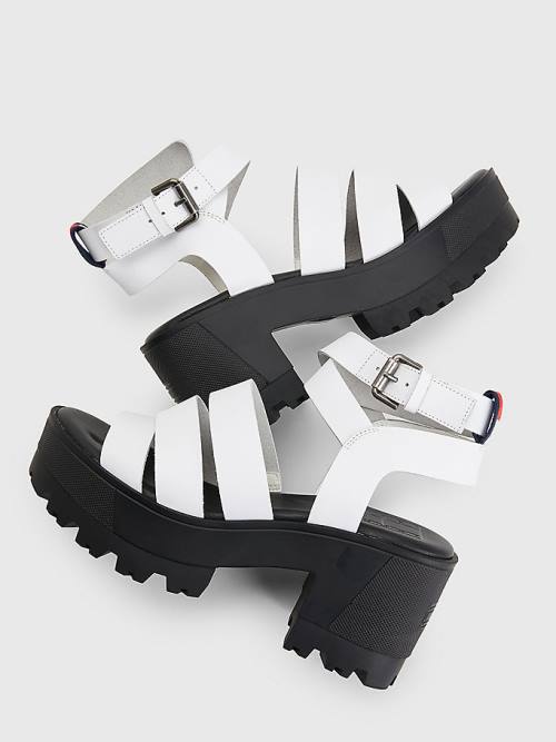 Tommy Hilfiger Deri Block Heel Sandalet Kadın Beyaz | TH281KLA