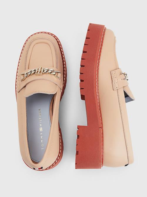 Tommy Hilfiger Deri Chain Tıknaz Loafer Ayakkabı Kadın Bej Rengi | TH831UBN