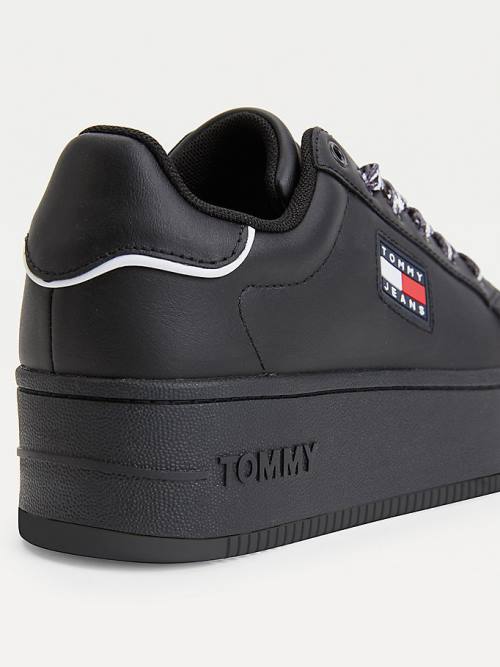 Tommy Hilfiger Deri Flatform Cupsole Spor Ayakkabı Kadın Siyah | TH026JQP