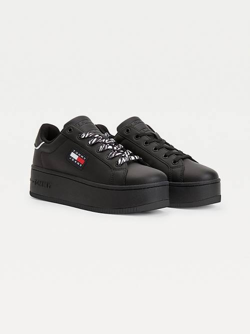 Tommy Hilfiger Deri Flatform Cupsole Spor Ayakkabı Kadın Siyah | TH026JQP