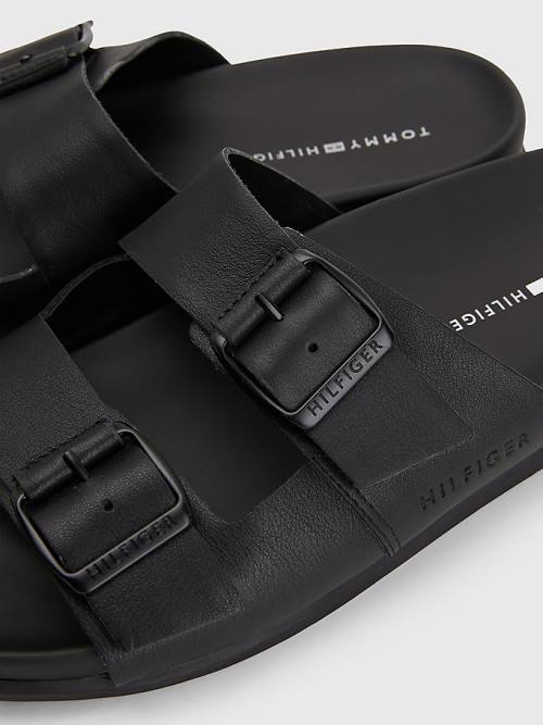 Tommy Hilfiger Elevated Double Tokalı Deri Sandalet Erkek Siyah | TH176GNB