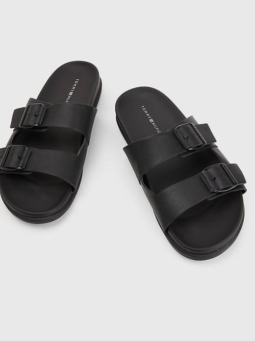 Tommy Hilfiger Elevated Double Tokalı Deri Sandalet Erkek Siyah | TH176GNB