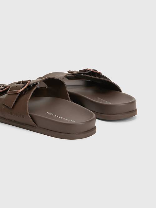 Tommy Hilfiger Elevated Double Tokalı Deri Sandalet Erkek Kahverengi | TH683YHW