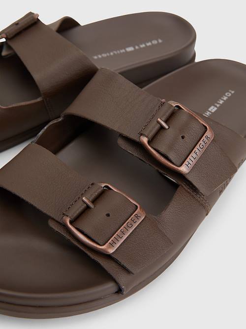 Tommy Hilfiger Elevated Double Tokalı Deri Sandalet Erkek Kahverengi | TH683YHW