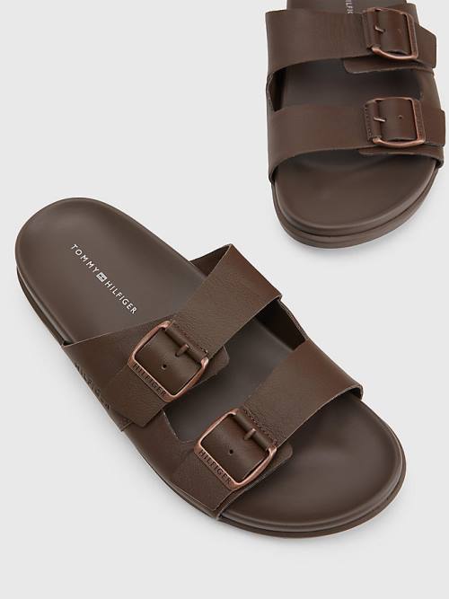 Tommy Hilfiger Elevated Double Tokalı Deri Sandalet Erkek Kahverengi | TH683YHW