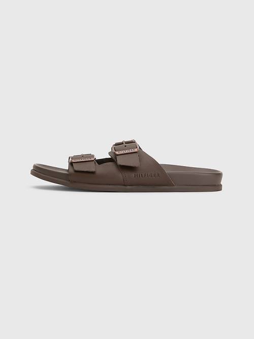 Tommy Hilfiger Elevated Double Tokalı Deri Sandalet Erkek Kahverengi | TH683YHW