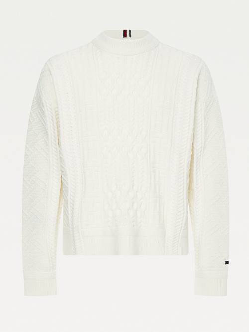 Tommy Hilfiger Elevated Oversized Signature Aran Jumper Kazak Erkek Beyaz | TH620EJC