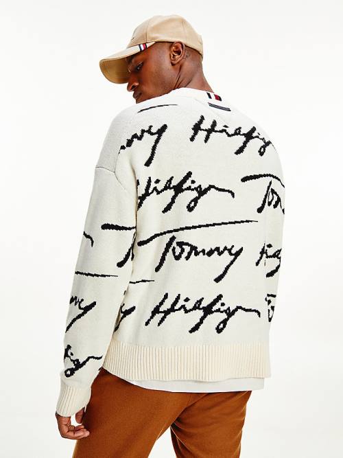 Tommy Hilfiger Elevated Signature Logo Jumper Kazak Erkek Beyaz | TH186PCD