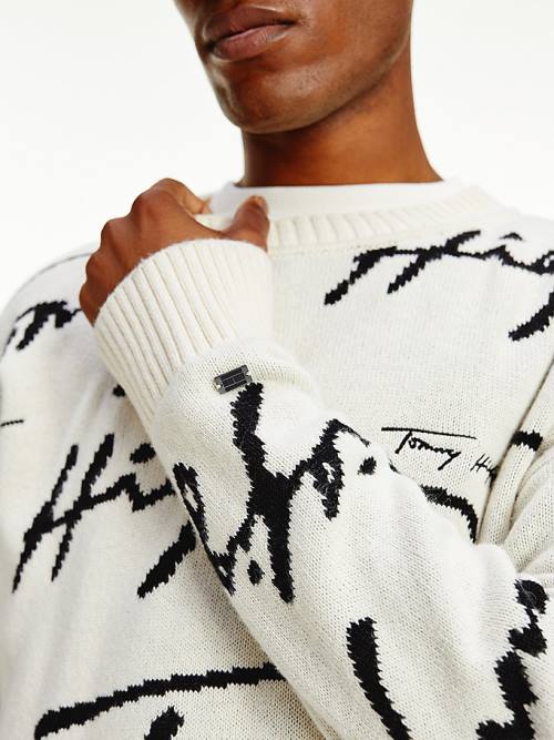 Tommy Hilfiger Elevated Signature Logo Jumper Kazak Erkek Beyaz | TH186PCD