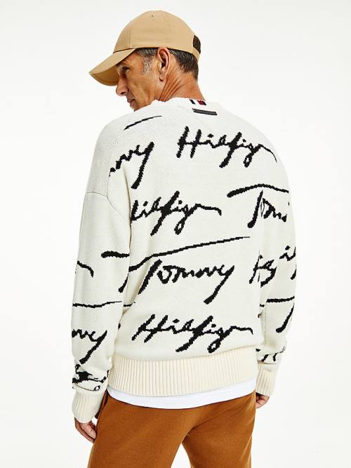 Tommy Hilfiger Elevated Signature Logo Jumper Kazak Erkek Beyaz | TH186PCD