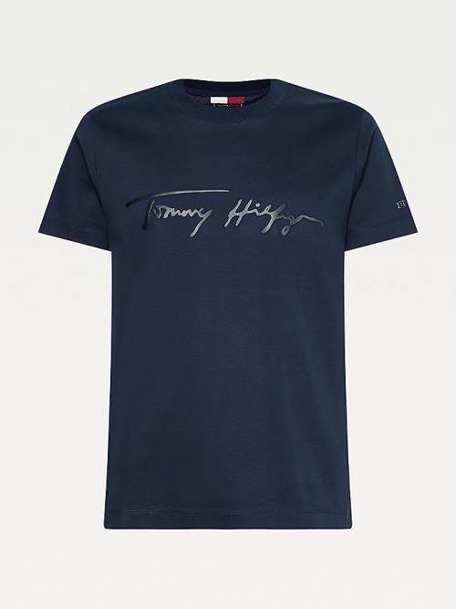 Tommy Hilfiger Elevated Signature Organic Pamuklu Tişört Erkek Mavi | TH637HCK