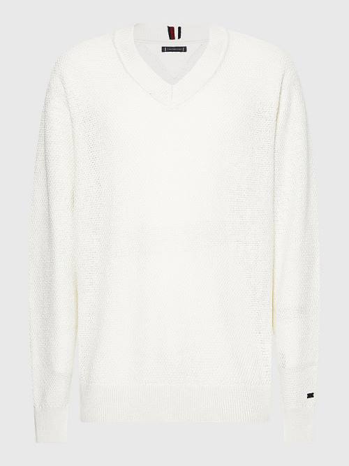 Tommy Hilfiger Elevated Textured V-Neck Jumper Kazak Erkek Beyaz | TH083WAX