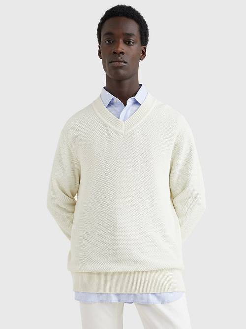 Tommy Hilfiger Elevated Textured V-Neck Jumper Kazak Erkek Beyaz | TH083WAX