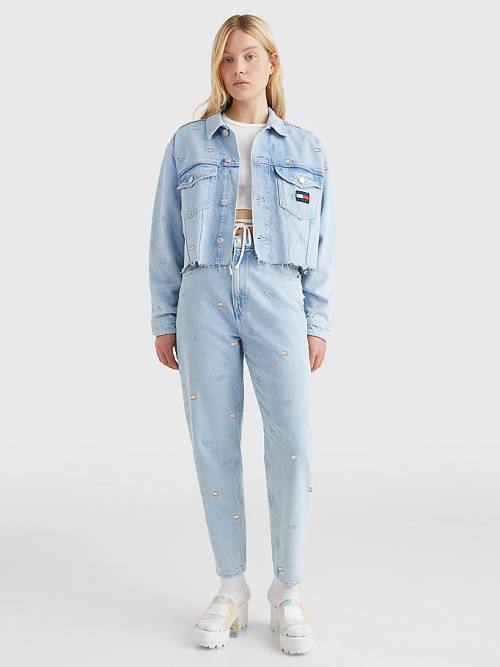 Tommy Hilfiger Embroidery Oversized Cropped Denim Trucker Ceket Kadın Denim | TH608LMR