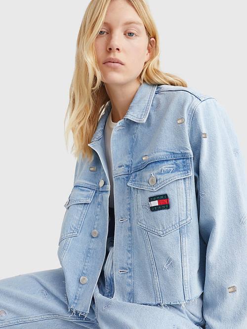 Tommy Hilfiger Embroidery Oversized Cropped Denim Trucker Ceket Kadın Denim | TH608LMR