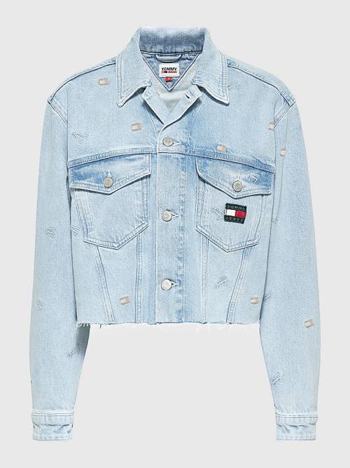 Tommy Hilfiger Embroidery Oversized Cropped Denim Trucker Ceket Kadın Denim | TH608LMR