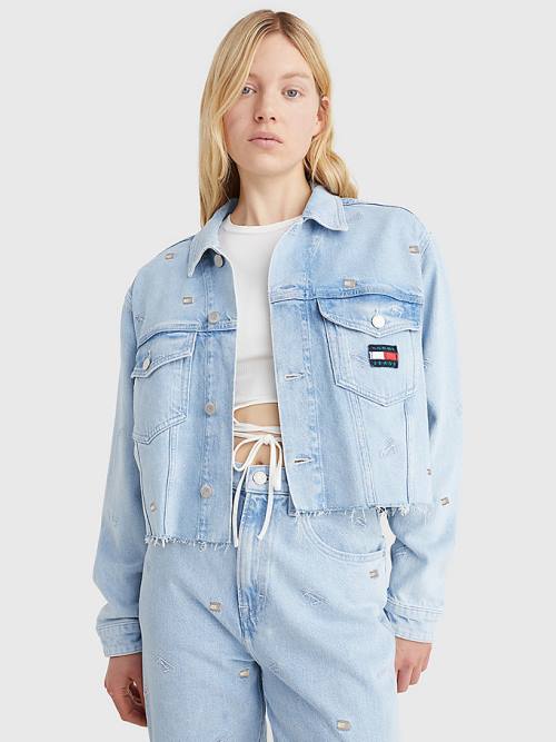 Tommy Hilfiger Embroidery Oversized Cropped Denim Trucker Ceket Kadın Denim | TH608LMR