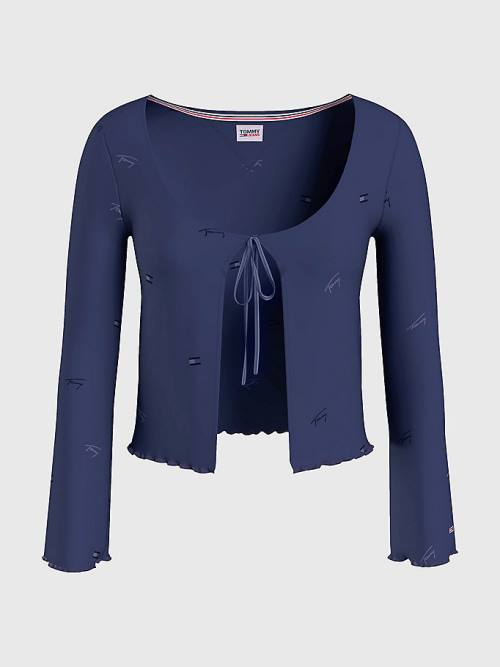 Tommy Hilfiger Embroidery Tie-Open Cardigan Tişört Kadın Mavi | TH301NQE