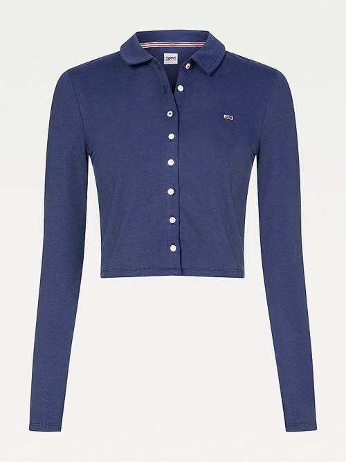 Tommy Hilfiger Essential Button-Through Long Sleeve Polo Yaka Tişört Kadın Mavi | TH726RCD