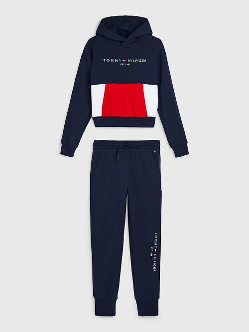 Tommy Hilfiger Essential Colour-Blocked And Joggers Set Kapüşonlu Sweatshirt Kiz Çocuk Mavi | TH792KBZ