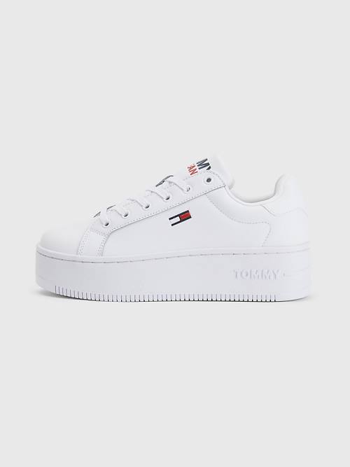 Tommy Hilfiger Essential Deri Flatform Spor Ayakkabı Kadın Beyaz | TH528WKD