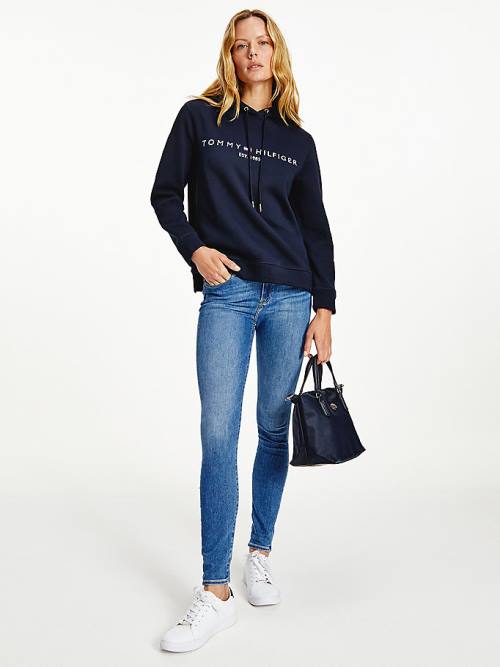 Tommy Hilfiger Essential Logo Kapüşonlu Sweatshirt Kadın Mavi | TH079VOL