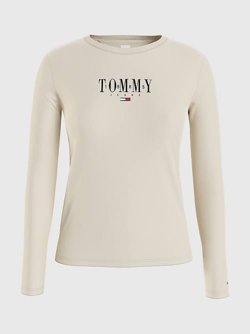 Tommy Hilfiger Essential Logo Long Sleeve Tişört Kadın Bej Rengi | TH412WVH