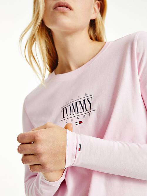 Tommy Hilfiger Essential Long Sleeve Logo Tişört Kadın Pembe | TH914TSB