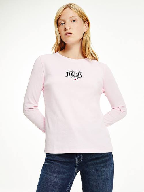 Tommy Hilfiger Essential Long Sleeve Logo Tişört Kadın Pembe | TH914TSB