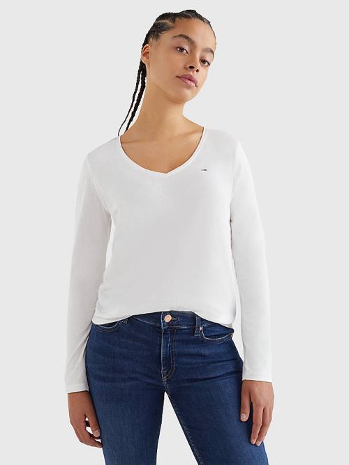 Tommy Hilfiger Essential V-Neck Long Sleeve Tişört Kadın Beyaz | TH132NDG