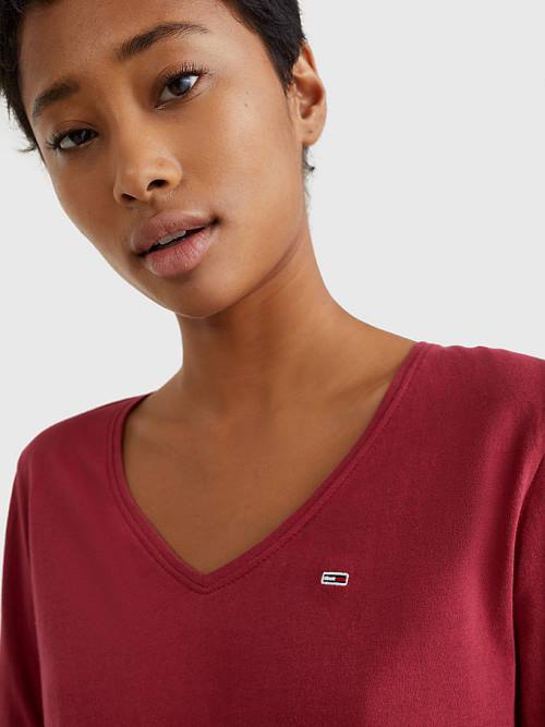 Tommy Hilfiger Essential V-Neck Long Sleeve Tişört Kadın Kırmızı | TH167KPY