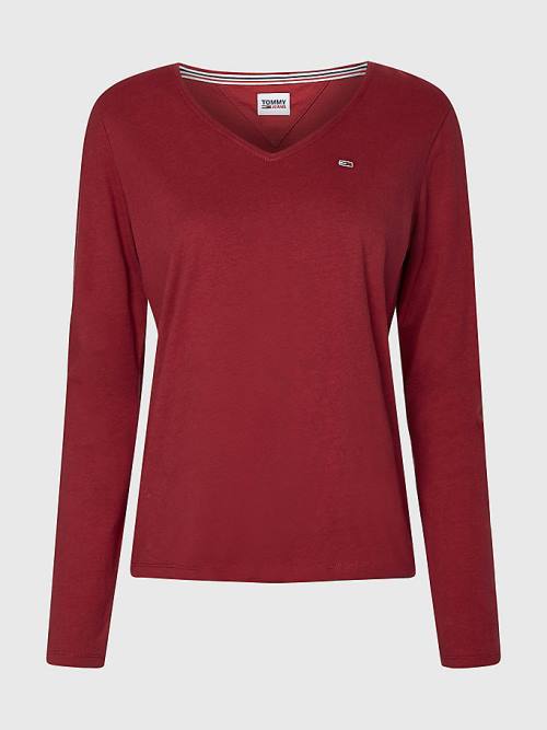 Tommy Hilfiger Essential V-Neck Long Sleeve Tişört Kadın Kırmızı | TH167KPY