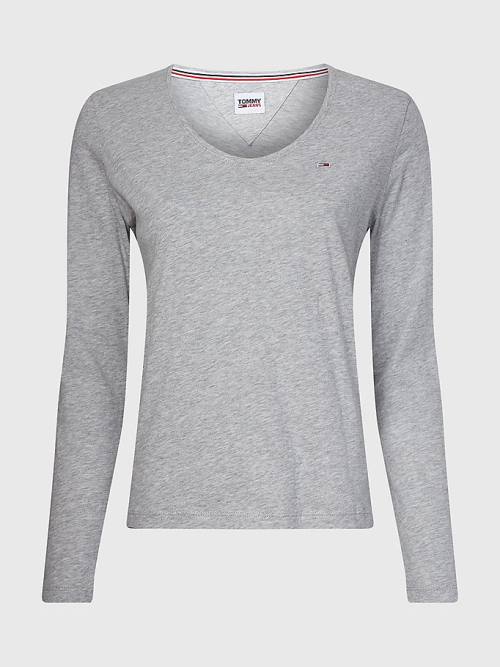 Tommy Hilfiger Essential V-Neck Long Sleeve Tişört Kadın Gri | TH238TBA