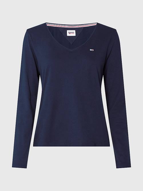 Tommy Hilfiger Essential V-Neck Long Sleeve Tişört Kadın Mavi | TH631SYT